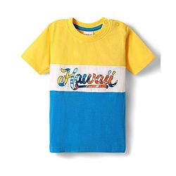 Babyhug Single Jersey Knit Half Sleeves T-Shirt & Shorts Set With Hawaii Print & Cut & Sew Design - Yellow & Blue