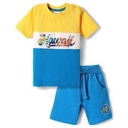 Babyhug Single Jersey Knit Half Sleeves T-Shirt & Shorts Set With Hawaii Print & Cut & Sew Design - Yellow & Blue