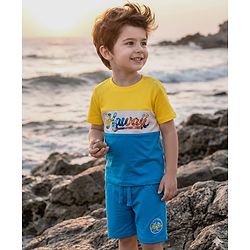 Babyhug Single Jersey Knit Half Sleeves T-Shirt & Shorts Set With Hawaii Print & Cut & Sew Design - Yellow & Blue
