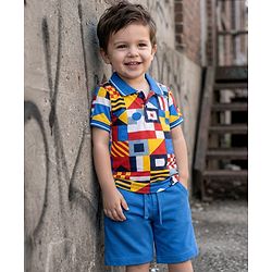 Babyhug Single Jersey Knit Half Sleeves Polo T-Shirt & Shorts Set with Abstract Print - Blue