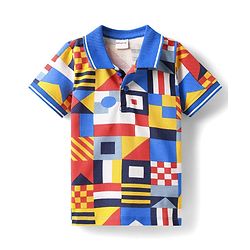 Babyhug Single Jersey Knit Half Sleeves Polo T-Shirt & Shorts Set with Abstract Print - Blue