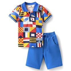 Babyhug Single Jersey Knit Half Sleeves Polo T-Shirt & Shorts Set with Abstract Print - Blue