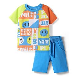 Babyhug Single Jersey Knit Half Raglan Sleeves T-Shirt & Shorts Set With Smiley Print - Blue