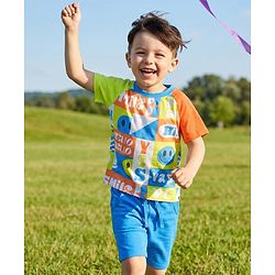 Babyhug Single Jersey Knit Half Raglan Sleeves T-Shirt & Shorts Set With Smiley Print - Blue