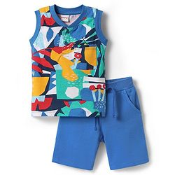 Babyhug Single Jersey Knit Sleeveless Printed Tank T-Shirt & Shorts Set - Blue