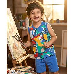 Babyhug Single Jersey Knit Sleeveless Printed Tank T-Shirt & Shorts Set - Blue