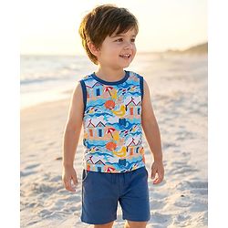 Babyhug Single Jersey Knit Sleeveless Tank T-Shirt With Sea Animals & Bird Print - Blue
