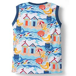 Babyhug Single Jersey Knit Sleeveless Tank T-Shirt With Sea Animals & Bird Print - Blue