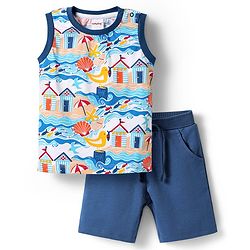 Babyhug Single Jersey Knit Sleeveless Tank T-Shirt With Sea Animals & Bird Print - Blue