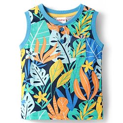 Babyhug Single Jersey Knit Sleeveless Tank T-Shirt & Shorts Set with Tropical Theme Print - Blue