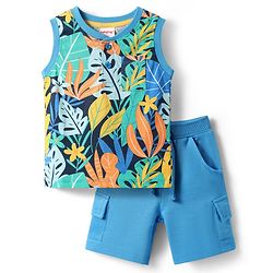 Babyhug Single Jersey Knit Sleeveless Tank T-Shirt & Shorts Set with Tropical Theme Print - Blue