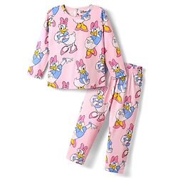 Babyhug Disney Single Jersey Knit Full Sleeves Co-ords Night Suit with Daisy Duck Graphics - Pink