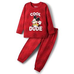 Babyhug Disney Single Jersey Knit Full Sleeves Night Suit With Mickey Mouse Family Print - Red