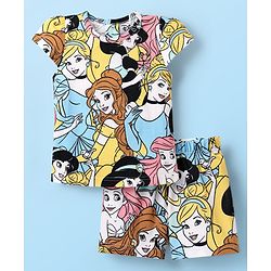 Babyhug Disney Single Jersey Knit Half Sleeves Co-ords Shorts Night Suit with Disney Princess Graphics - White