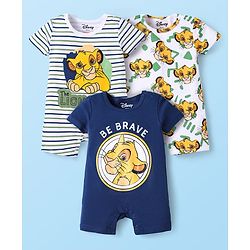 Babyhug 100% Cotton Knit Half Sleeves Romper With Simba Graphic Pack Of 3 - Navy Blue & White