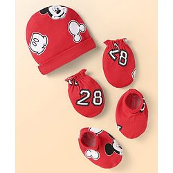 Babyhug Disney Interlock Knit Cap Mittens & Booties Set With Mickey Mouse Print - Red
