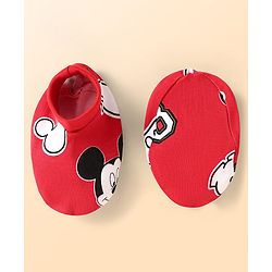 Babyhug Disney Interlock Knit Cap Mittens & Booties Set With Mickey Mouse Print - Red