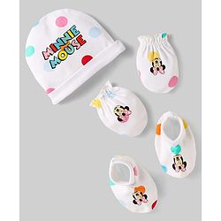 Babyhug Disney Interlock Knit Caps Mittens & Booties Set With Minnie Mouse Family Print White - Diameter 15 cm