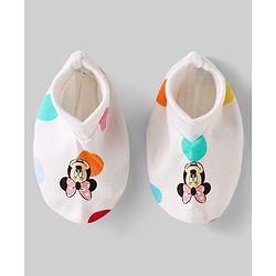 Babyhug Disney Interlock Knit Caps Mittens & Booties Set With Minnie Mouse Family Print White - Diameter 15 cm