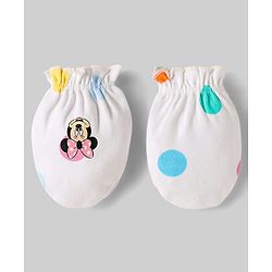 Babyhug Disney Interlock Knit Caps Mittens & Booties Set With Minnie Mouse Family Print White - Diameter 15 cm