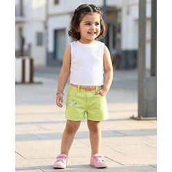Babyhug Twill Woven Mid Thigh Floral Embroidery Shorts With Belt & Stretch - Lime Green