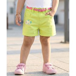 Babyhug Twill Woven Mid Thigh Floral Embroidery Shorts With Belt & Stretch - Lime Green