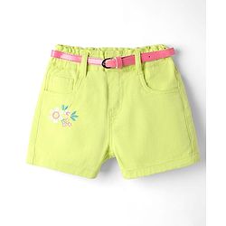 Babyhug Twill Woven Mid Thigh Floral Embroidery Shorts With Belt & Stretch - Lime Green