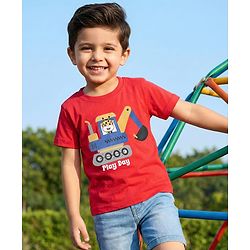 Babyhug Cotton Knit Half Sleeves T-Shirt with Giraffe Print - Red