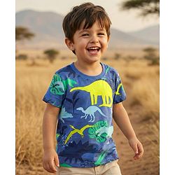 Babyhug Cotton Knit Half Sleeves T-Shirt with Dino Print - Navy Blue