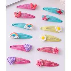 Babyhug Snap Hair Clips with Butterfly Floral & Heart Applique Pack of 12 - Light Blue Pink & Yellow