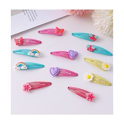 Babyhug Snap Hair Clips with Butterfly Floral & Heart Applique Pack of 12 - Light Blue Pink & Yellow