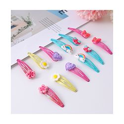 Babyhug Snap Hair Clips with Butterfly Floral & Heart Applique Pack of 12 - Light Blue Pink & Yellow