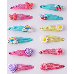 Babyhug Snap Hair Clips with Butterfly Floral & Heart Applique Pack of 12 - Light Blue Pink & Yellow