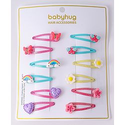 Babyhug Snap Hair Clips with Butterfly Floral & Heart Applique Pack of 12 - Light Blue Pink & Yellow
