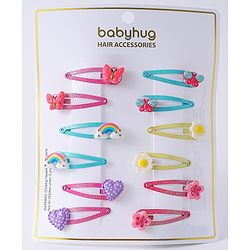 Babyhug Snap Hair Clips with Butterfly Floral & Heart Applique Pack of 12 - Light Blue Pink & Yellow