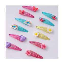 Babyhug Snap Hair Clips with Butterfly Floral & Heart Applique Pack of 12 - Light Blue Pink & Yellow