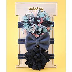 Babyhug Free Size Head Band With Floral & Bow Applique Pack Of 3 - Navy Blue
