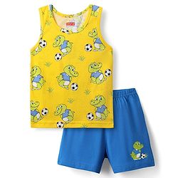 Babyhug 100% Cotton Single Jersey Knit Sleeveless Sando & Shorts Set with Dino Print - Yellow & Blue