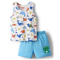 Babyhug 100% Cotton Single Jersey Knit Sleeveless Sando & Shorts Set With Sea Theme Print - White & Light Blue