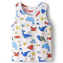 Babyhug 100% Cotton Single Jersey Knit Sleeveless Sando & Shorts Set With Sea Theme Print - White & Light Blue