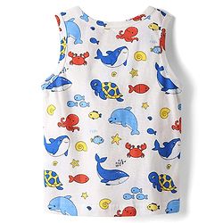Babyhug 100% Cotton Single Jersey Knit Sleeveless Sando & Shorts Set With Sea Theme Print - White & Light Blue