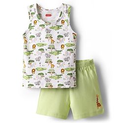 Babyhug 100% Cotton Single Jersey Knit Sleeveless Sando & Shorts Set With Animal Print - White & Light Green