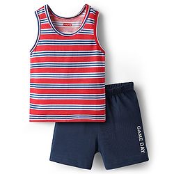 Babyhug 100% Cotton Single Jersey Knit Sleeveless Sando & Shorts Set With Stripes - Red & Navy Blue