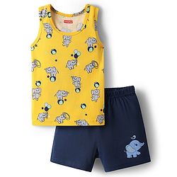 Babyhug 100% Cotton Single Jersey Knit Sando & Shorts Set With Elephant Print - Yellow & Navy Blue