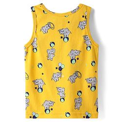 Babyhug 100% Cotton Single Jersey Knit Sando & Shorts Set With Elephant Print - Yellow & Navy Blue