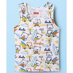 Babyhug 100% Cotton Single Jersey Knit Sleeveless Sando & Shorts Set With Beach Theme Print - White & Navy Blue