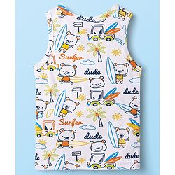 Babyhug 100% Cotton Single Jersey Knit Sleeveless Sando & Shorts Set With Beach Theme Print - White & Navy Blue