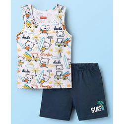 Babyhug 100% Cotton Single Jersey Knit Sleeveless Sando & Shorts Set With Beach Theme Print - White & Navy Blue