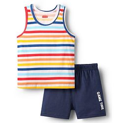 Babyhug 100% Cotton Single Jersey Knit Sleeveless Sando & Shorts Set With Stripes - Yellow & Navy Blue