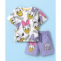 Babyhug Disney Single Jersey Knit Half Sleeves Oversized Drop Shoulder Half Sleeves T-Shirt & Shorts With Daisy Duck Graphic - Purple